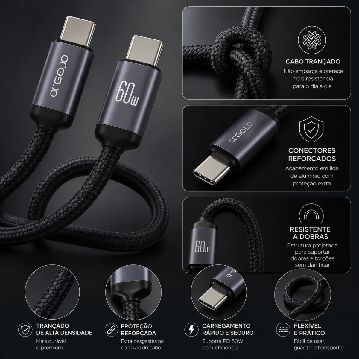 Cabo De Dados Tipo-C Para Tipo-C 1M 60W A´gold Cb 131 - imagem 3