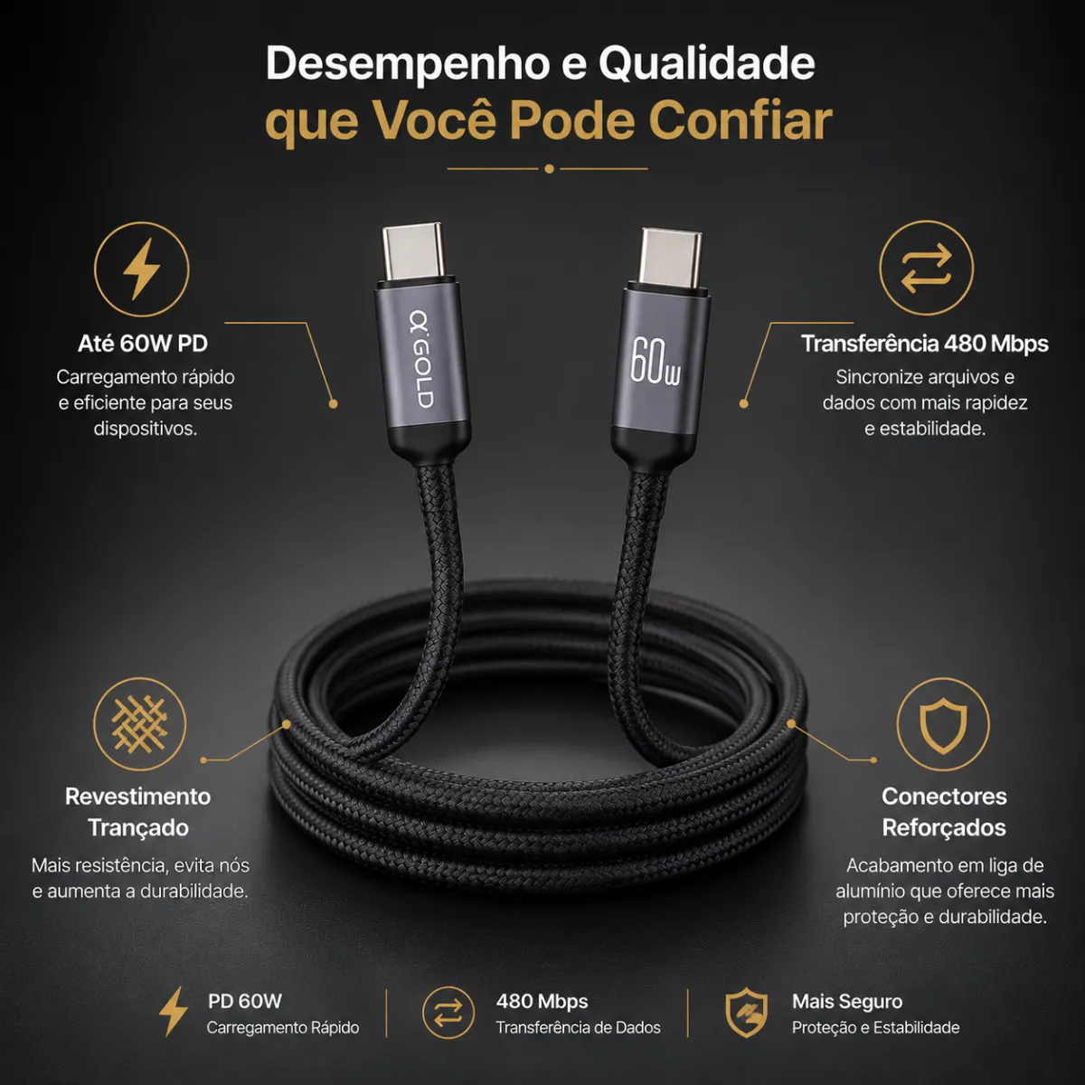 Cabo De Dados Tipo-C Para Tipo-C 1M 60W A´gold Cb 131 - imagem 5
