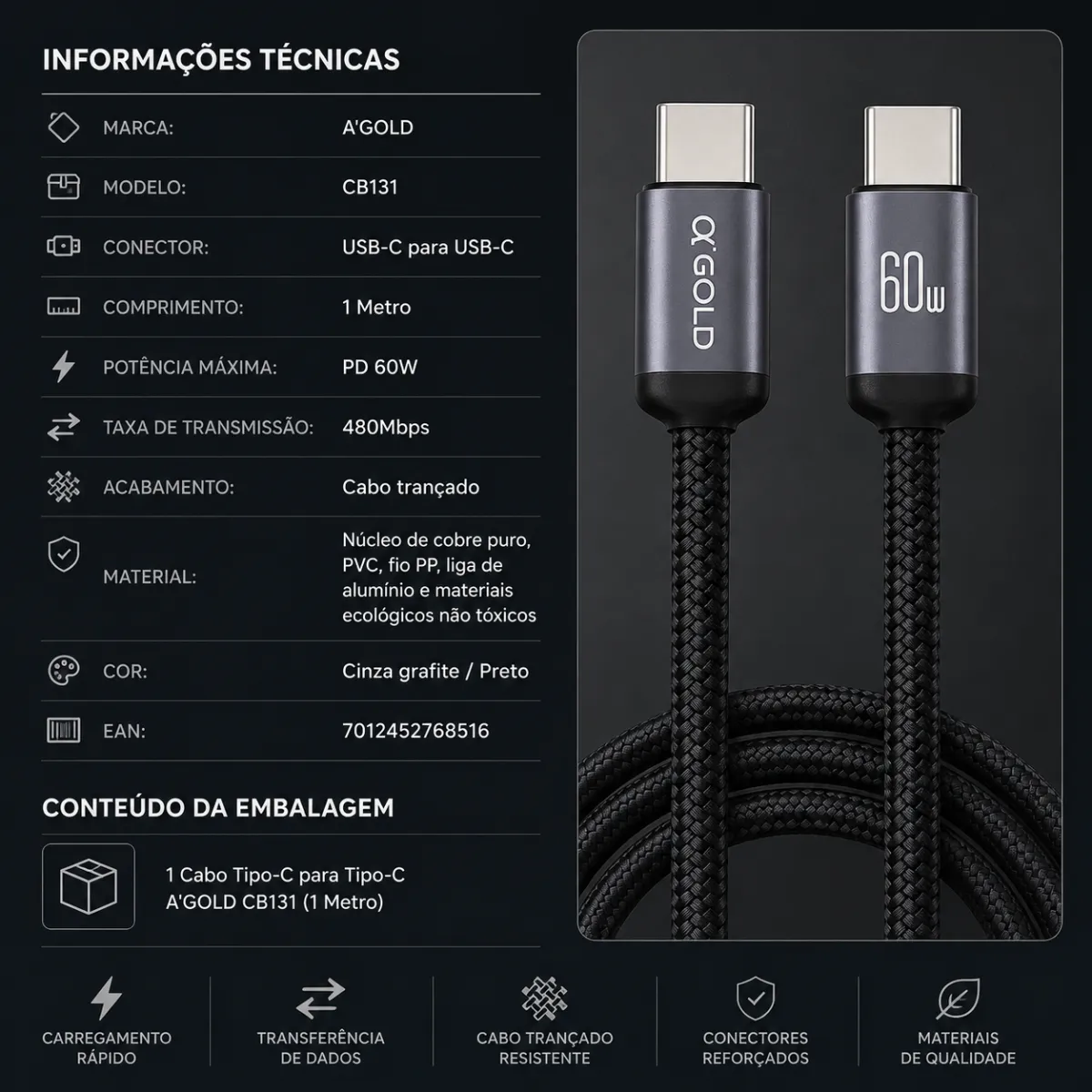 Cabo De Dados Tipo-C Para Tipo-C 1M 60W A´gold Cb 131 - imagem 2
