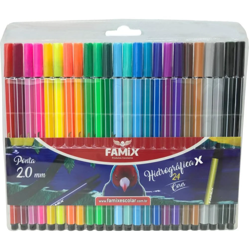 Caneta Hidrografica Hexagonal 24 Cores Famix (Estojo)