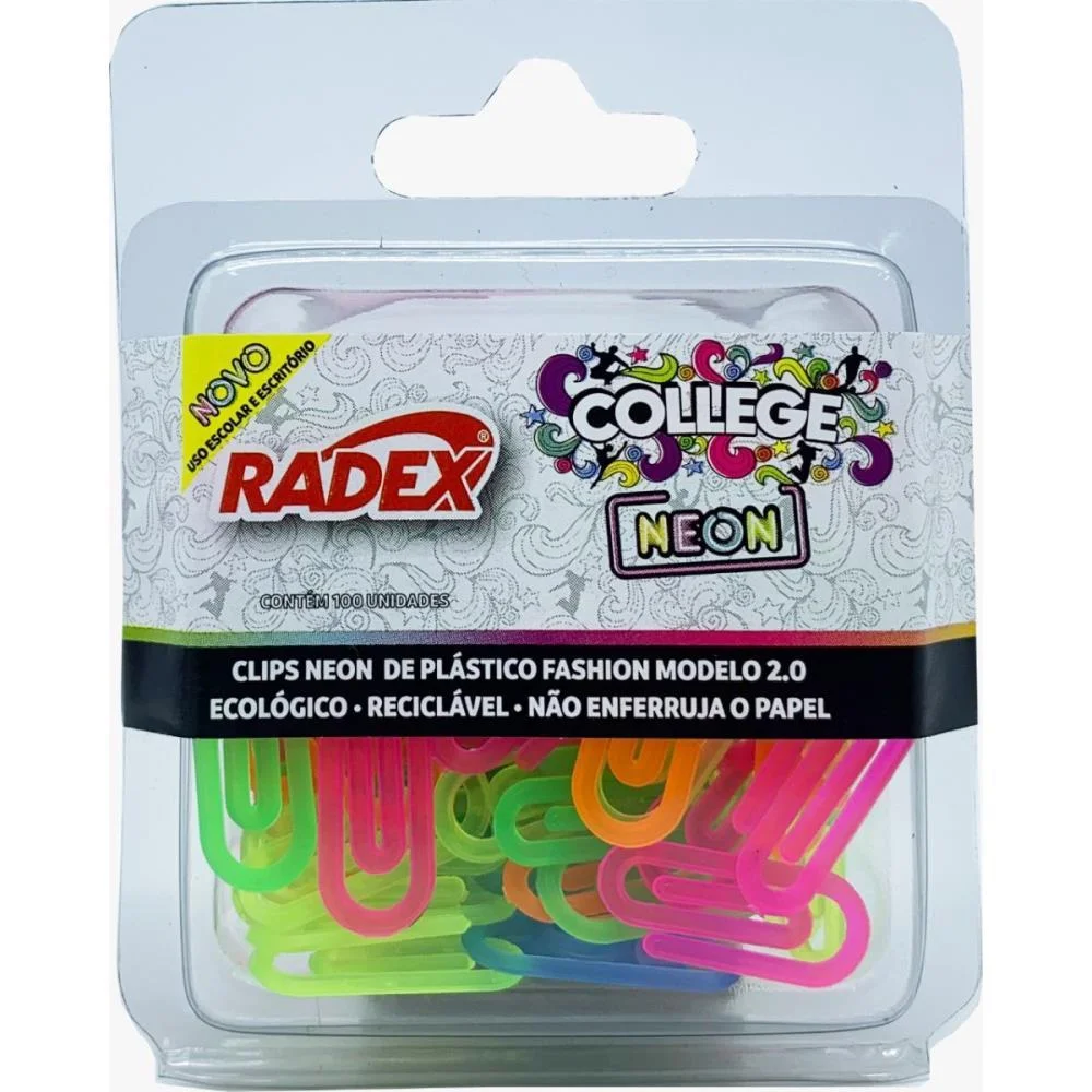 Clipe Colorido Plastico Neon N.2 C/100Un. Radex (Blister)