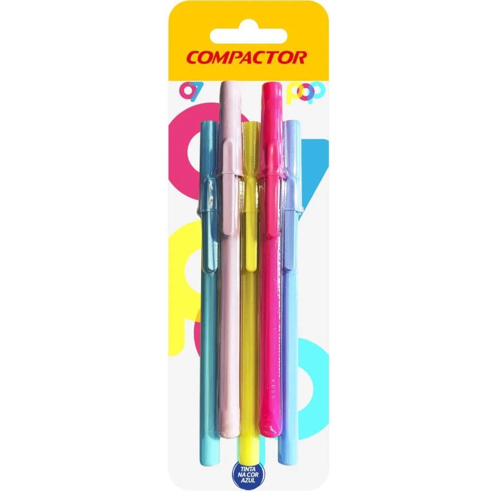 Caneta Esferografica Pop 0,7 Azul Corpo Color C/5 Compactor (Blister)
