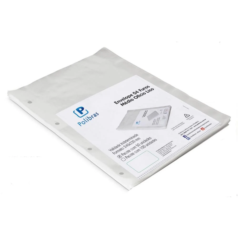 Envelope Plastico Oficio 4Furos Medio 0,10Mm Polibras (Pct.c/50)