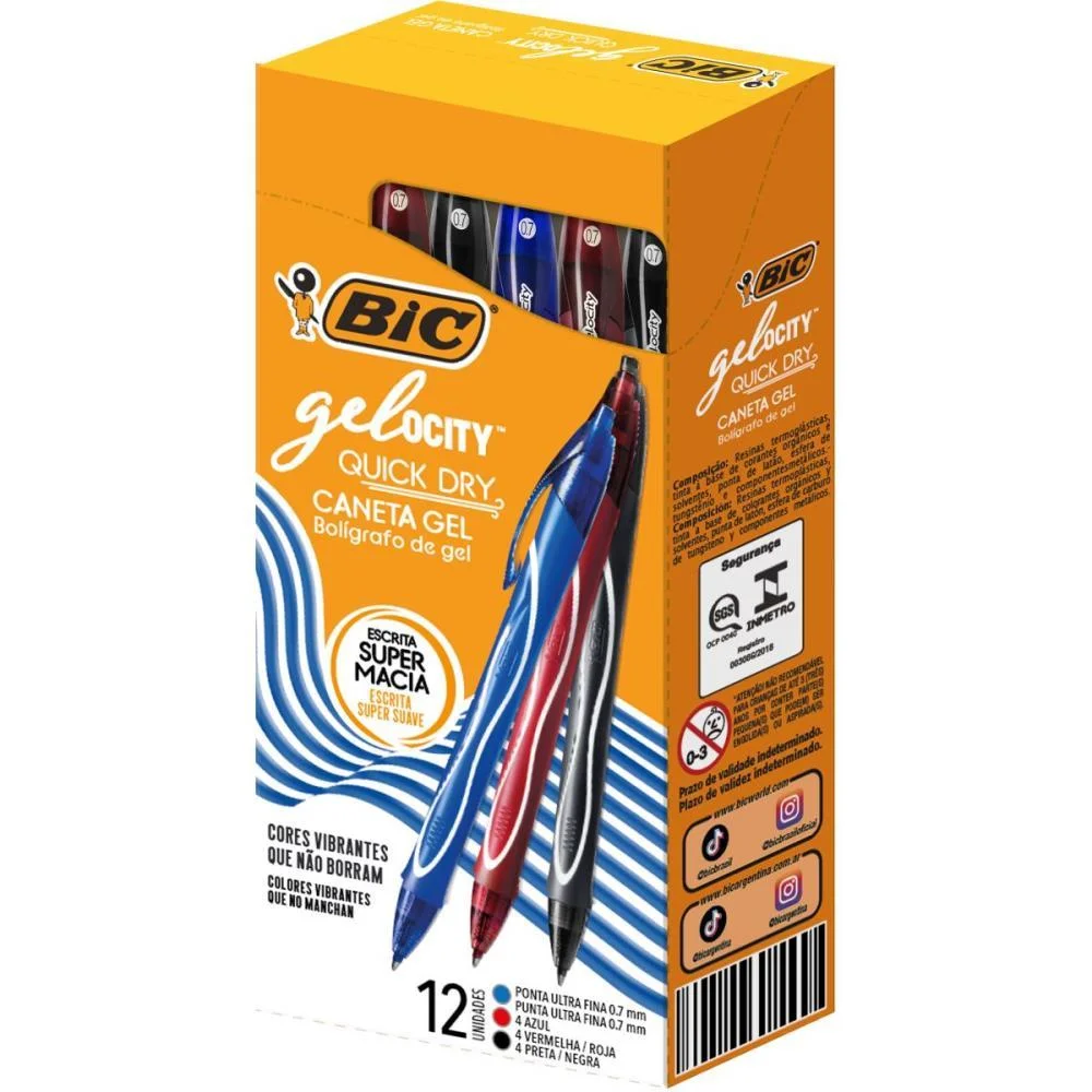 Caneta Gel Bic Quick Dry Az/Pt/Vm Bic (Cx.c/12)