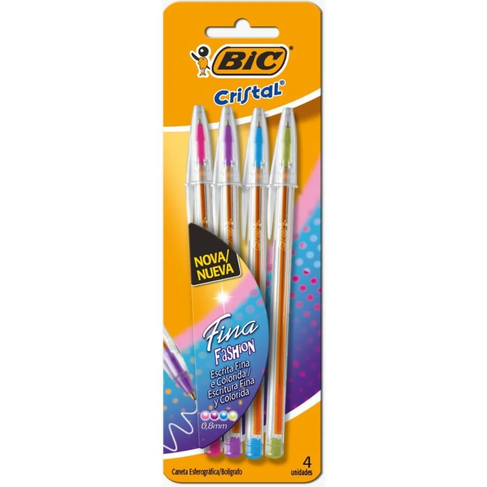 Caneta Esferografica Cristal Fina Fashion 4 Cores Bic (Blister)