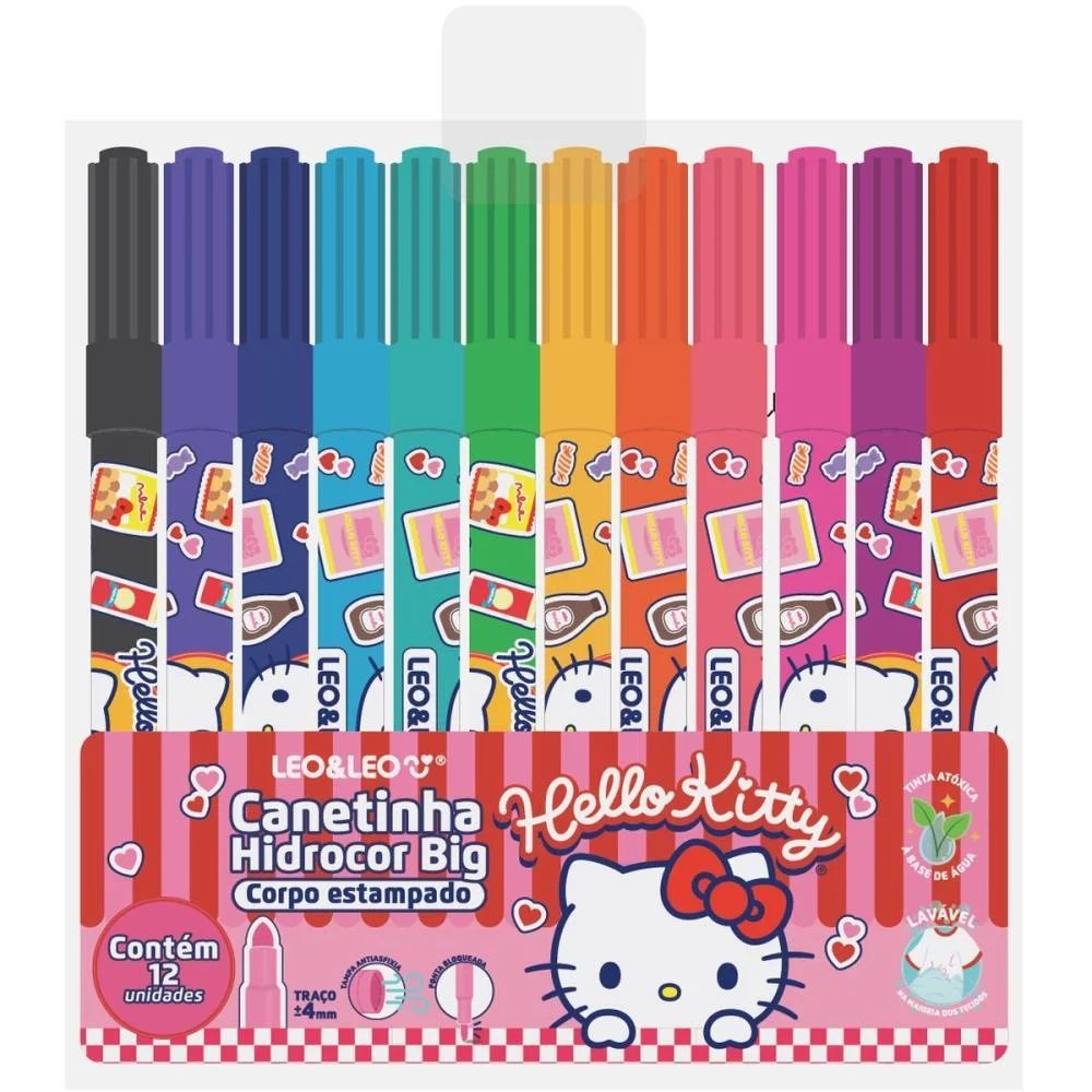Caneta Hidrografica Jumbo Hello Kitty Big 12 Cores Leonora (Estojo)