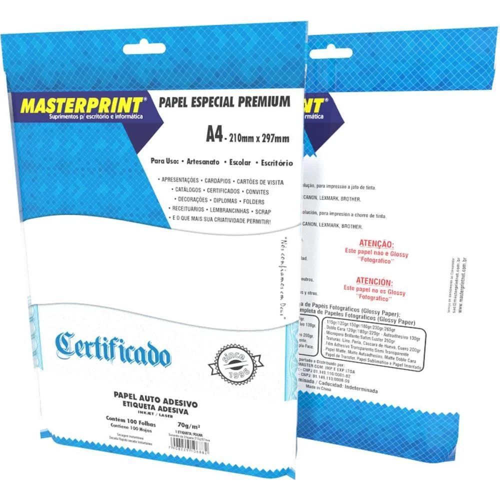 Etiqueta A4 Auto Adesivo Ink/Laser 70G. Masterprint (Pct.c/100)