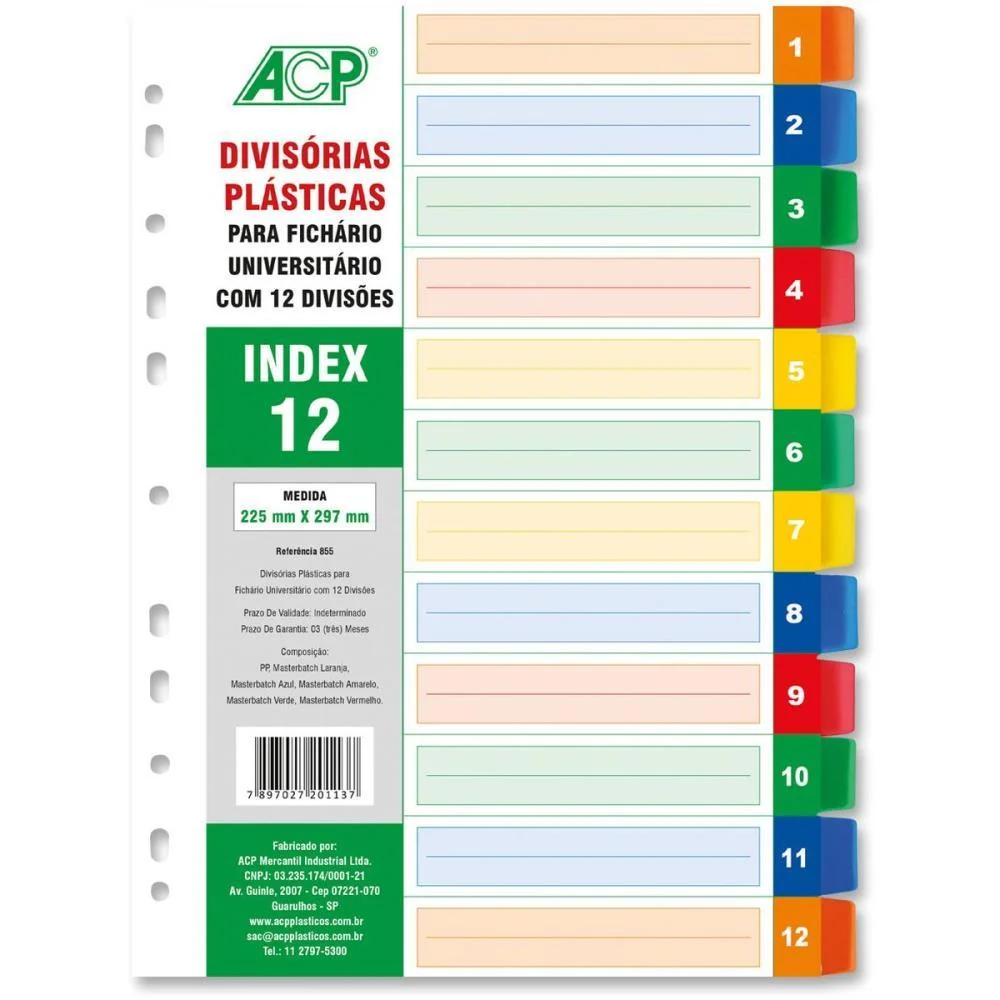 Divisoria Fichario Plastica 12 Projecoes Colorido Acp (Unidade)