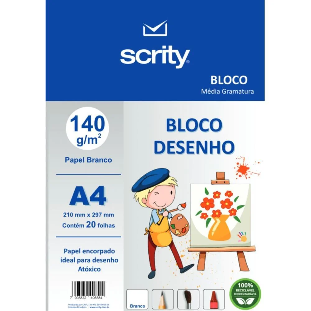 Bloco Para Educacao Artistica Desenho A4 Branco 140G 20Fls Scrity (Pacote)