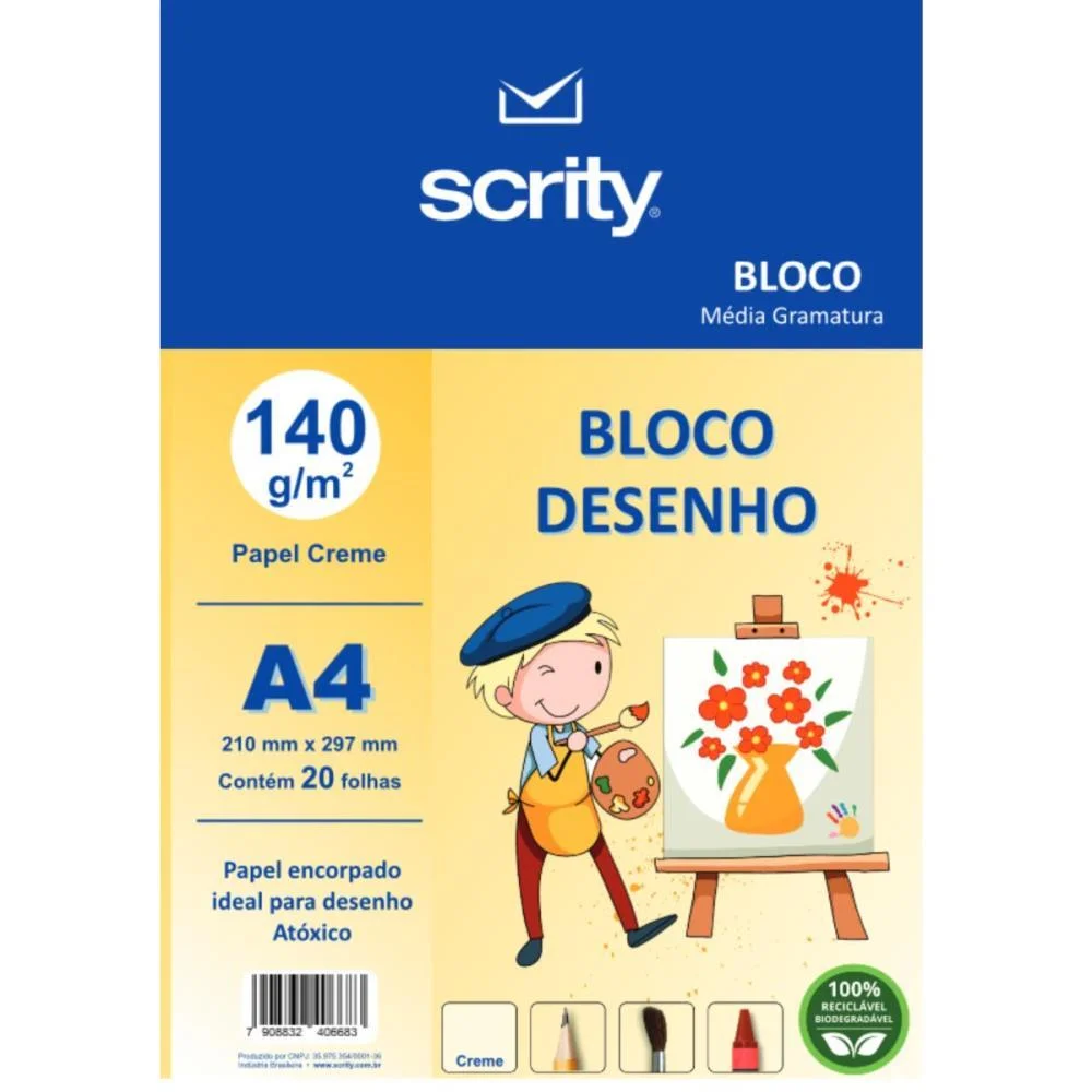 Bloco Para Educacao Artistica Desenho A4 Creme 140G 20Fls. Scrity (Pacote)