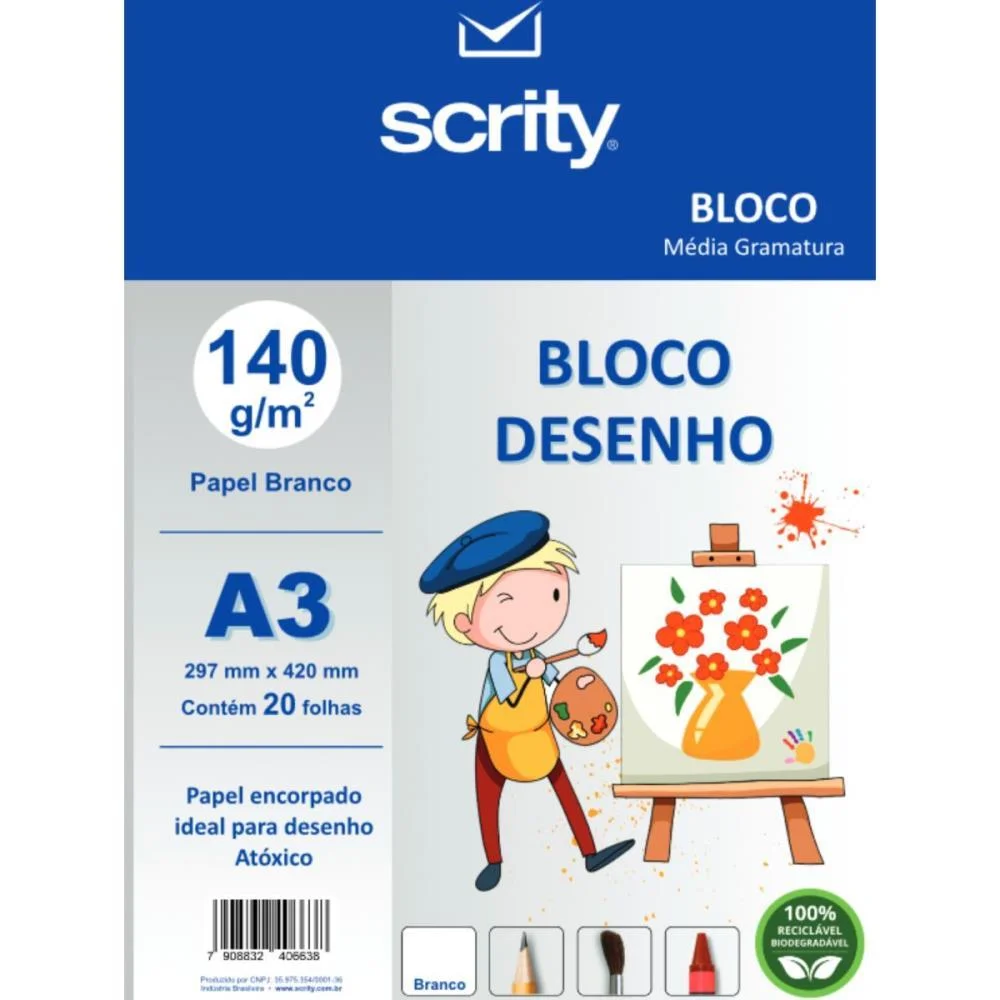 Bloco Para Educacao Artistica Desenho A3 Branco 140G 20Fls. Scrity (Pacote)