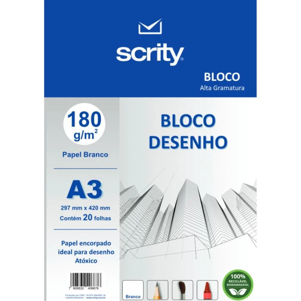 Bloco Para Educacao Artistica Desenho A3 Branco 180G 20Fls. Scrity (Pacote)