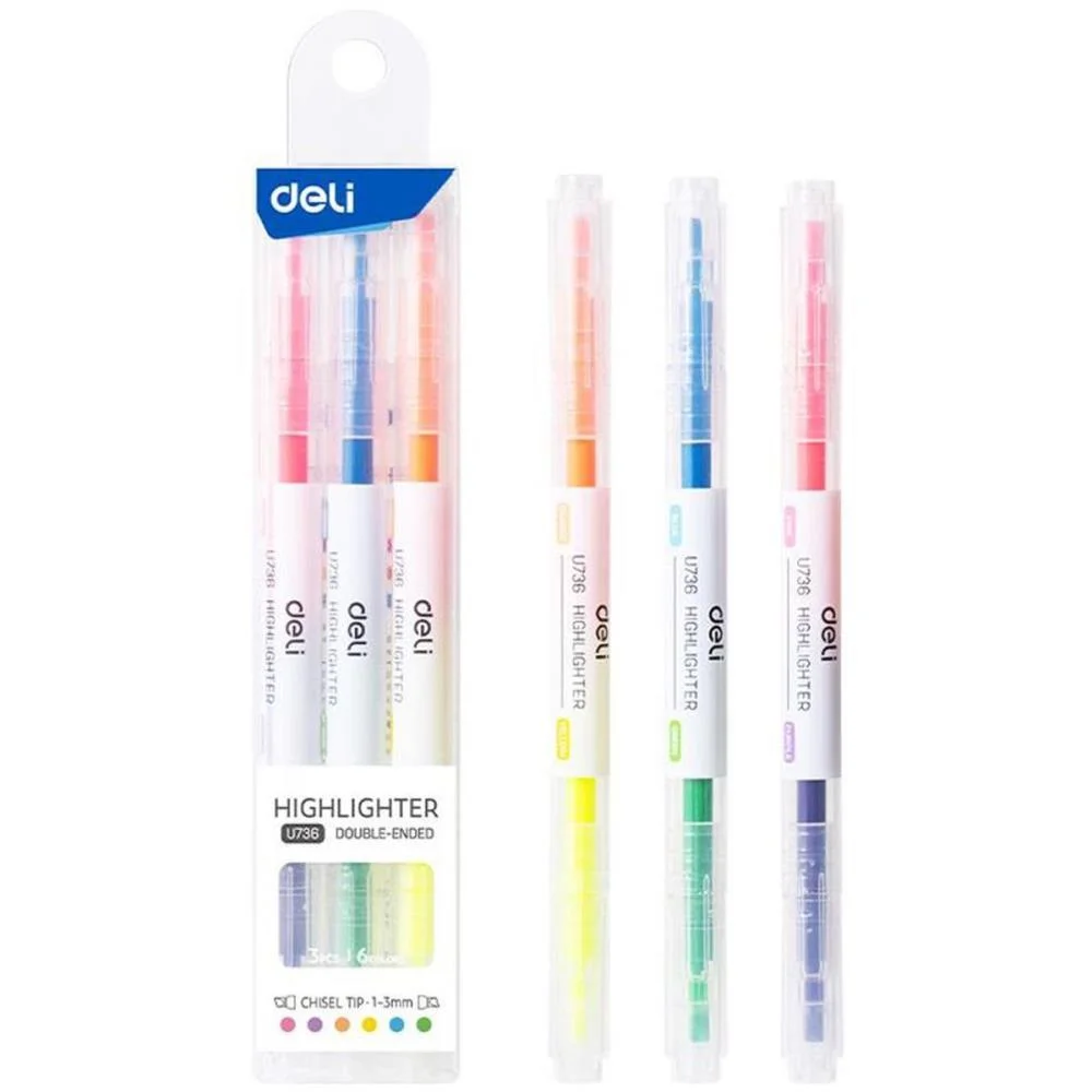 Caneta Marca Texto Highlighter 2 Pontas 6 Cores Deli (Blister)