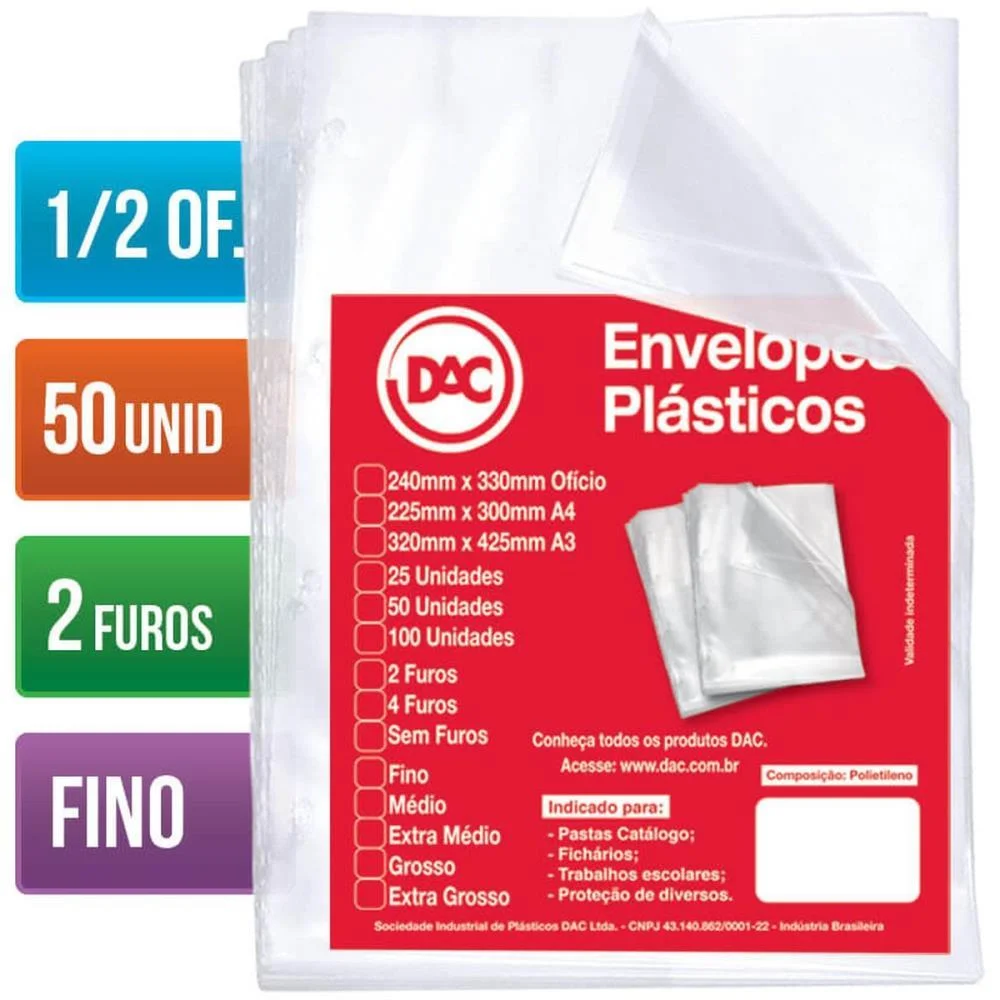 Envelope Plastico Oficio 2 Furos Finos 1/2 Dac (Pct.c/50)