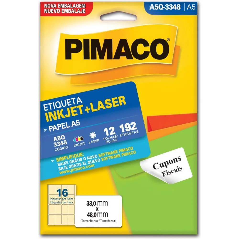 Etiqueta A5 A5Q-3348 12 Fls 33,0 X 48,0 Mm Pimaco (Ct.c/192)