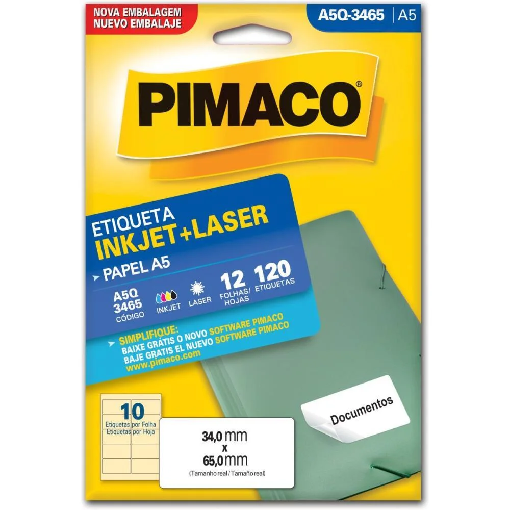 Etiqueta A5 A5Q-3465 12 Fls 34,0 X 65,0 Mm Pimaco (Ct.c/120)