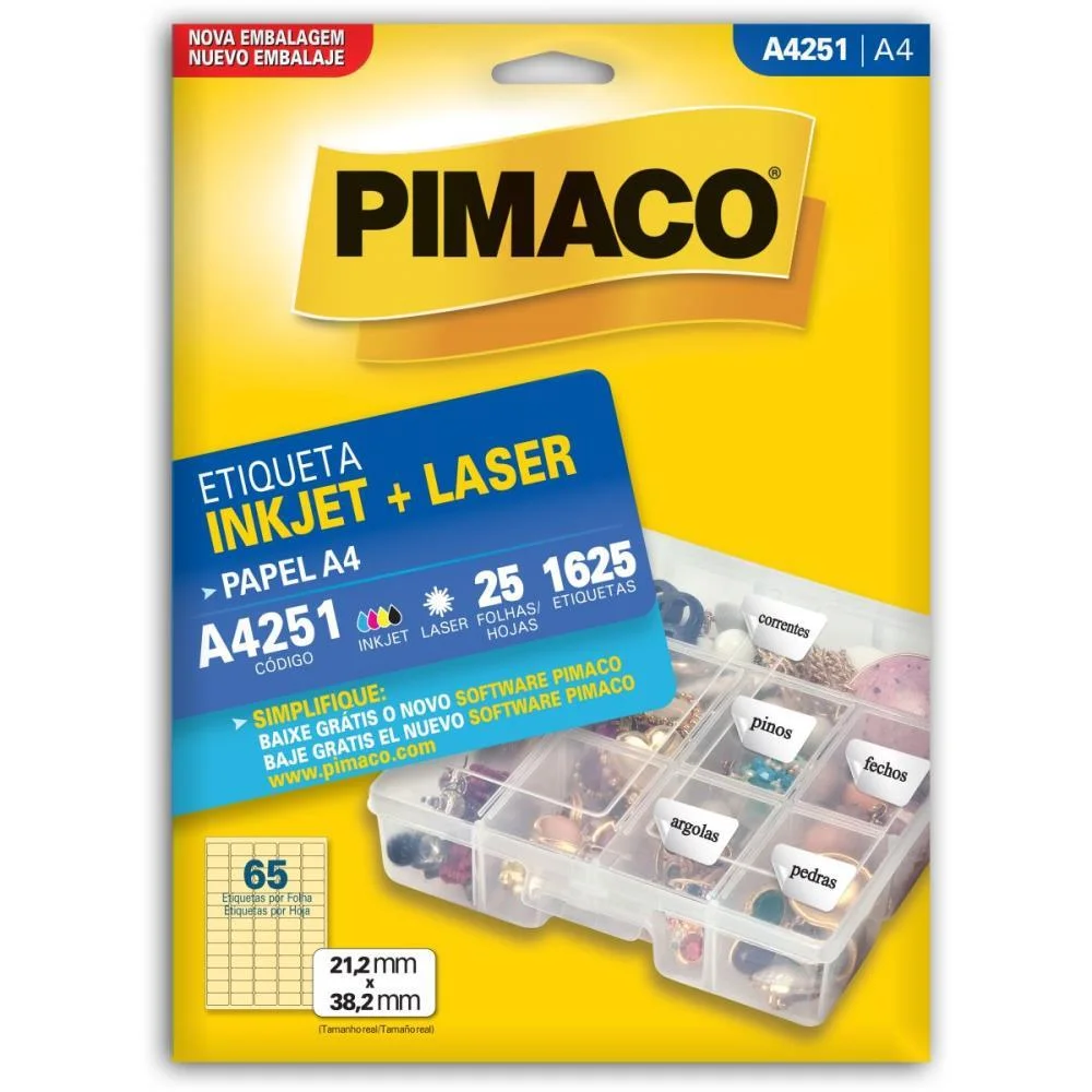 Etiqueta A4 A4251 25 Fls 21,2 X 38,2 Mm Pimaco (Ct.c/1625)