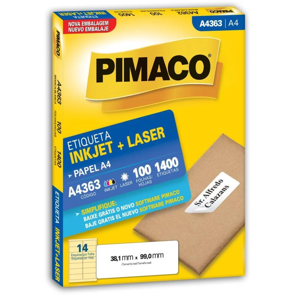 Etiqueta A4 A4363 100 Fls 38,1 X 99,0 Mm Pimaco (Cx.c/1400)