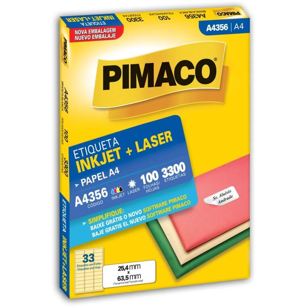 Etiqueta A4 A4356 100 Fls 25,4 X 63,5 Mm Pimaco (Cx.c/3300)