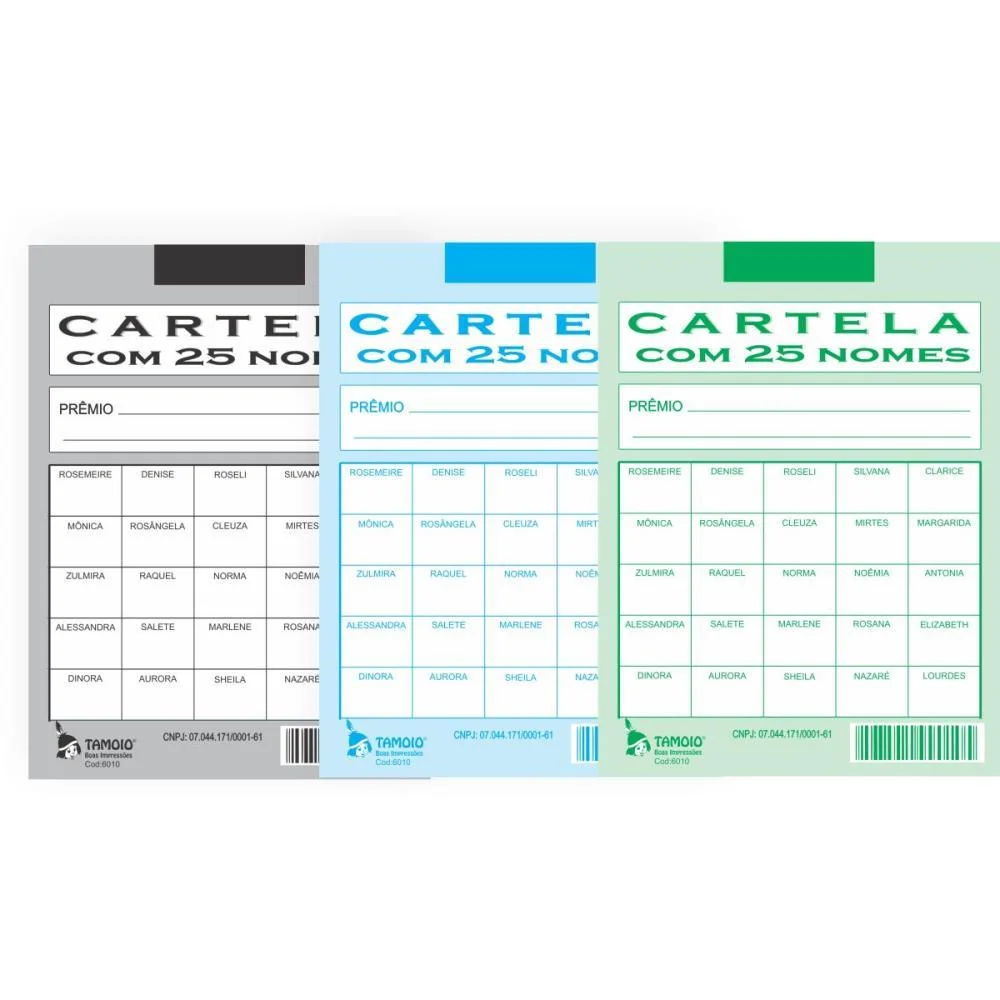 Cartela De Rifa C/25 Nomes Pct.c/50 Cartelas Tamoio (Pacote)