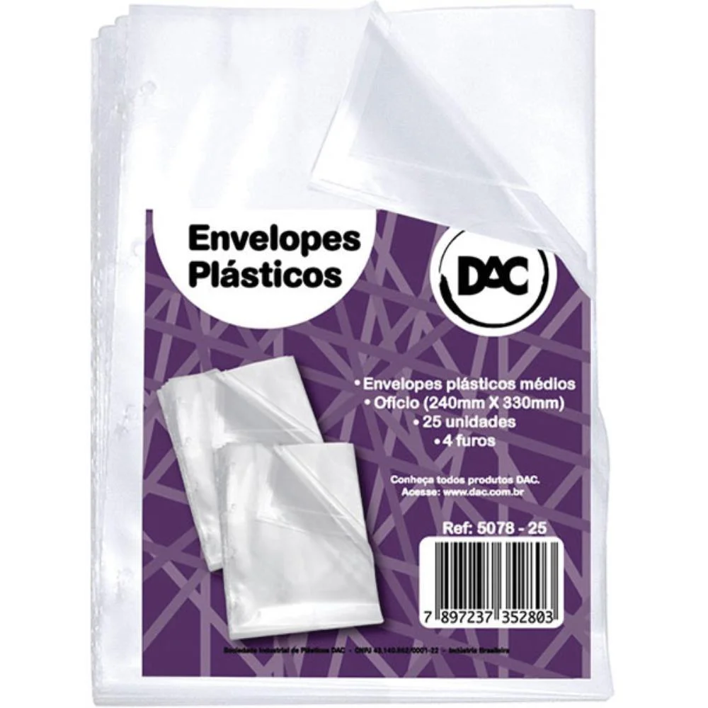 Envelope Plastico Oficio 4Furos Medio 0,10Mm Dac (Pct.c/25)