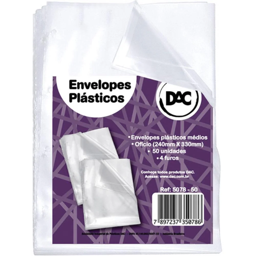 Envelope Plastico Oficio 4Furos Medio 0,10Mm Dac (Pct.c/50)