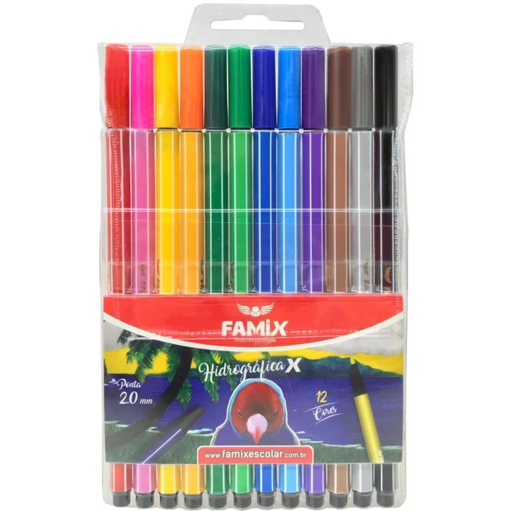 Caneta Hidrografica Hexagonal 12 Cores Famix (Estojo)