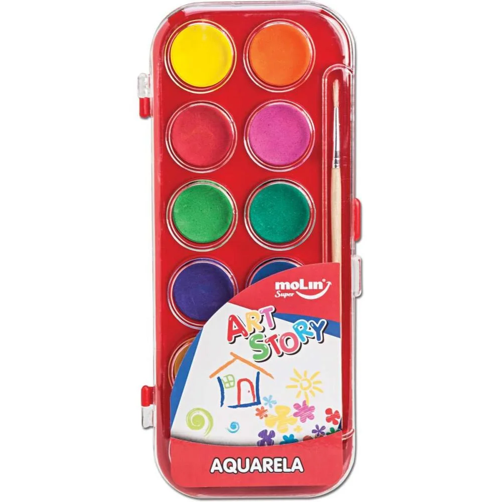 Aquarela Escolar Art Story 12 Cores + Pincel Molin (Estojo)