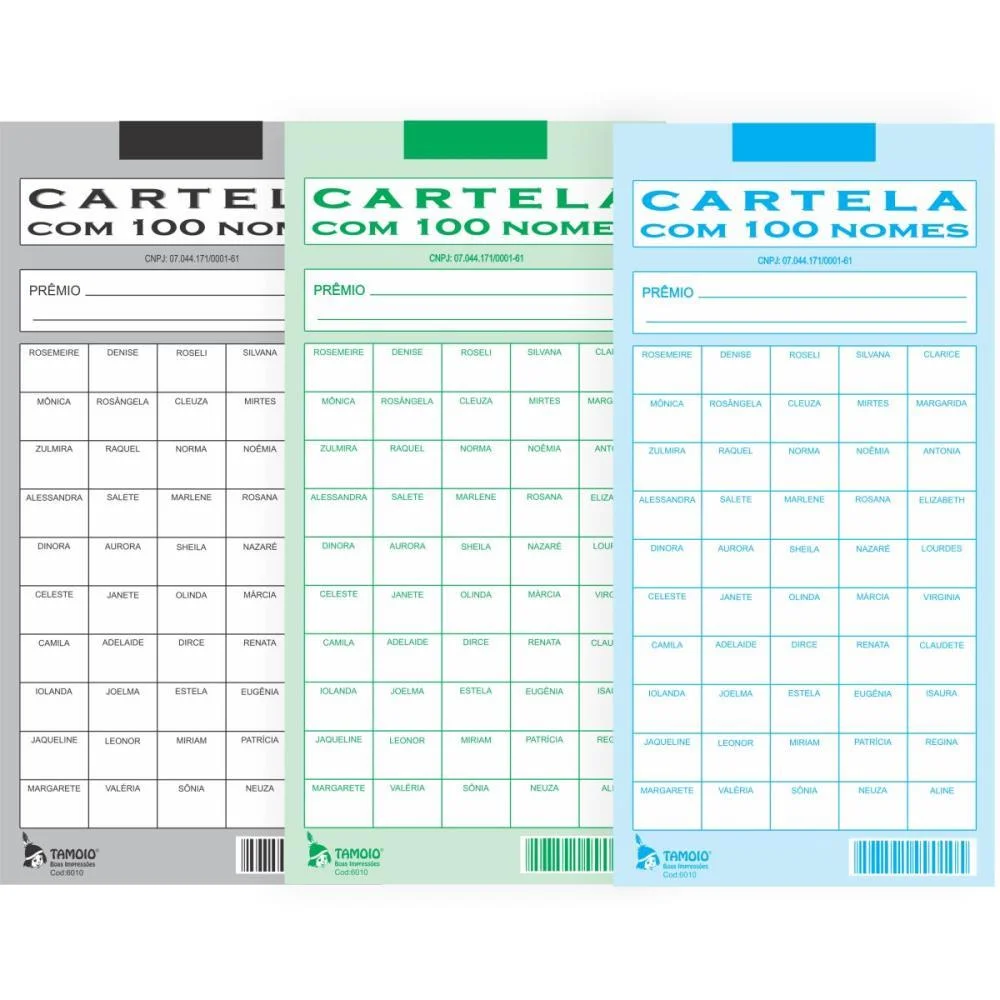 Cartela De Rifa C/100 Nomes Pct.c/50 Cartelas Tamoio (Pacote)