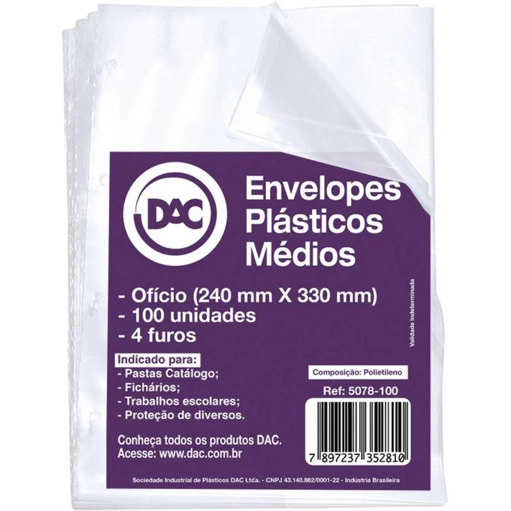 Envelope Plastico Oficio 4Furos Medio 0,10Mm Dac (Pct.c/100)