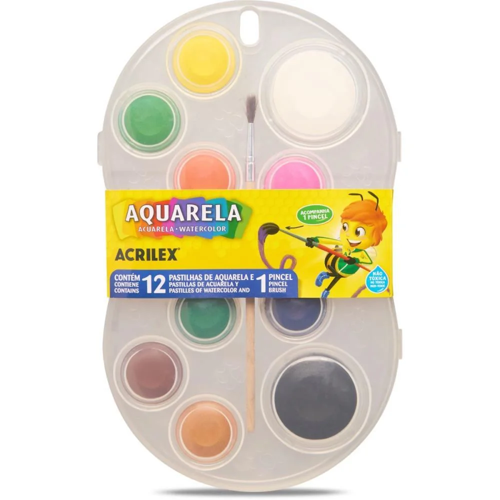 Aquarela Escolar 12 Cores + Pincel Acrilex (Estojo)