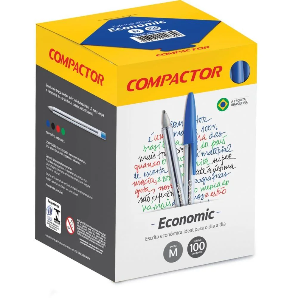 Caneta Esferografica Economic Cristal Media  Azul Compactor (Cx.c/100)