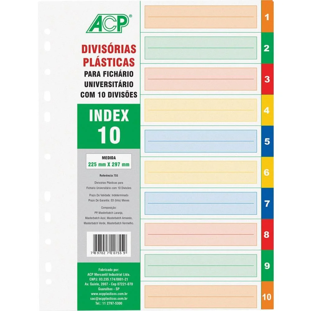 Divisoria Fichario Plastica 10 Projeçoes Color 22,4X29,5Cm Acp (Unidade)