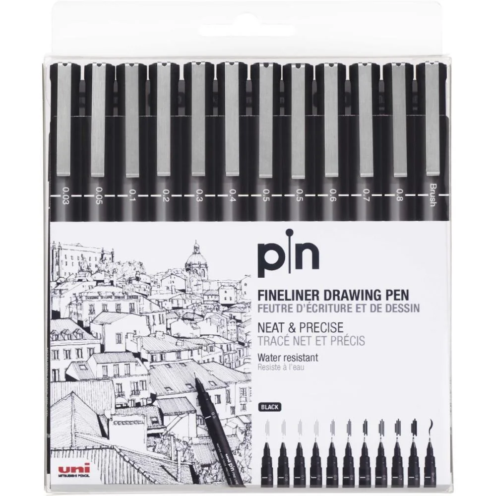 Caneta Tecnica Uni Pin 10 Graduacoes+Brush Pt Sertic (Est.c/12)