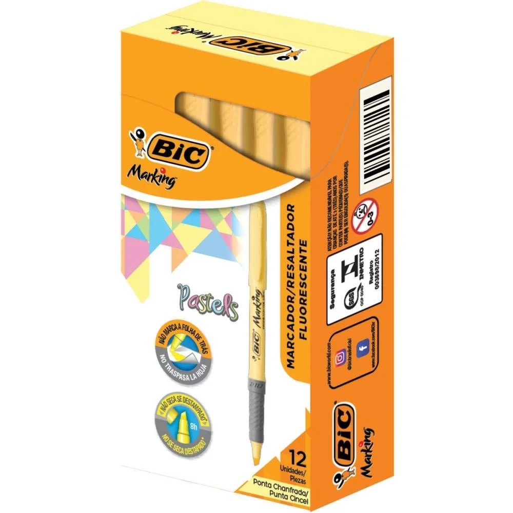 Caneta Marca Texto Marking Amarelo Pastel Bic (Cx.c/12)