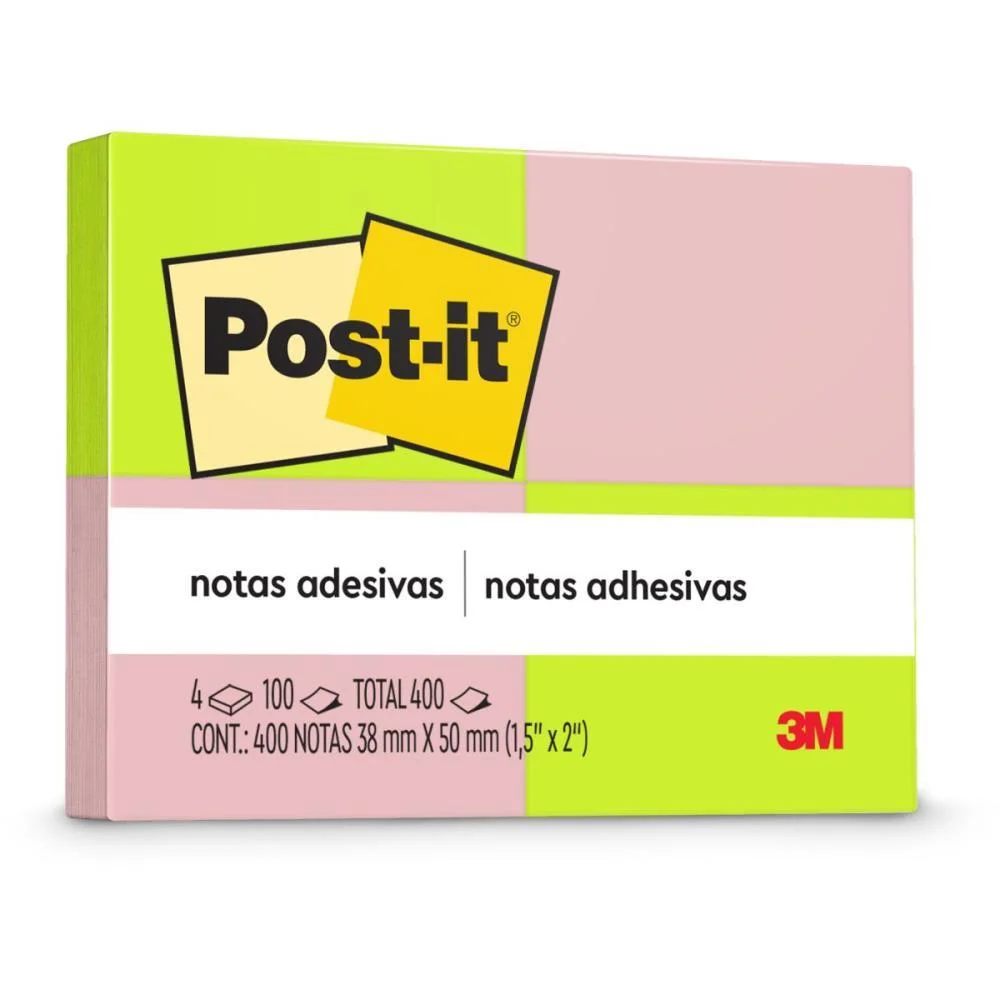 Bloco De Recado Post-It 653 Neon 38X50Mm C/100Fls. 3M (Pct.c/04)