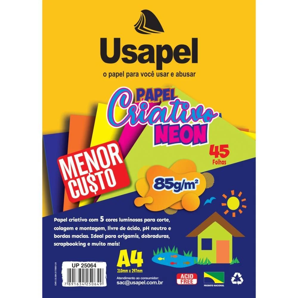Bloco Para Educacao Artistica Usapel Neon 5Cor. A4 85G 45Fls Filiperson (Pacote)