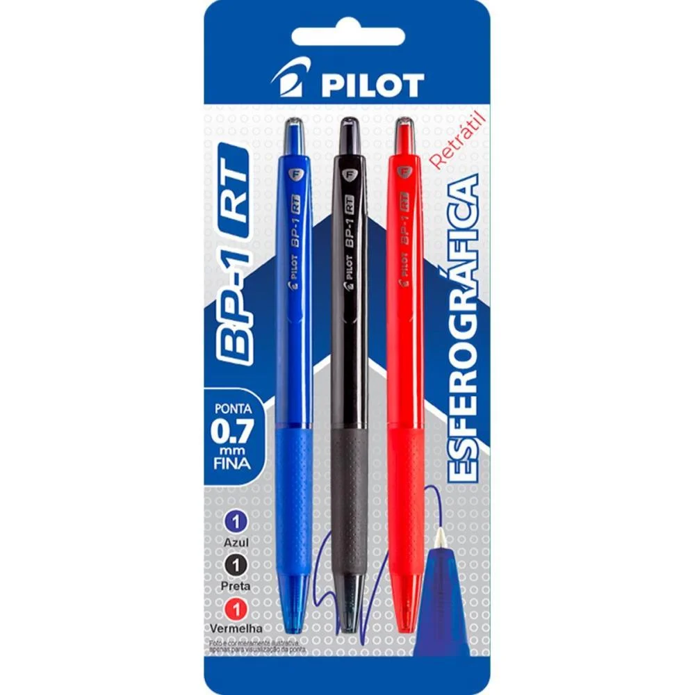 Caneta Esferografica Retratil Bp-1 0.7 Az/Pt/Verm Pilot (Bl.c/03) - imagem 3