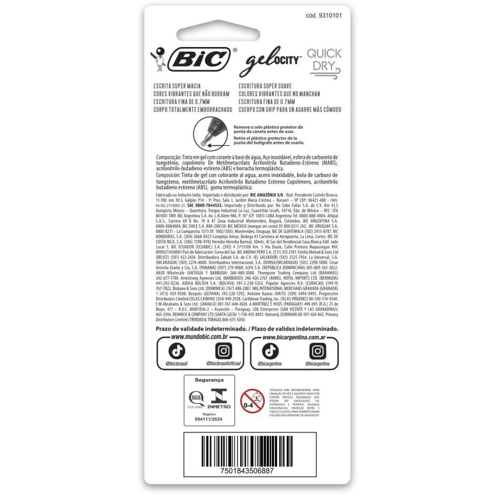 Caneta Gel Bic Quick Dry Az/Pt/Vm Bic (Bl.c/03) - imagem 5