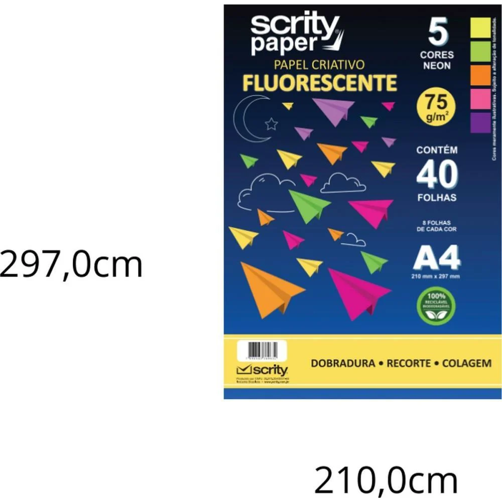 Bloco Para Educacao Artistica Fluorescente 5Cor. A4 75G 40Fl Scrity (Pacote) - imagem 2