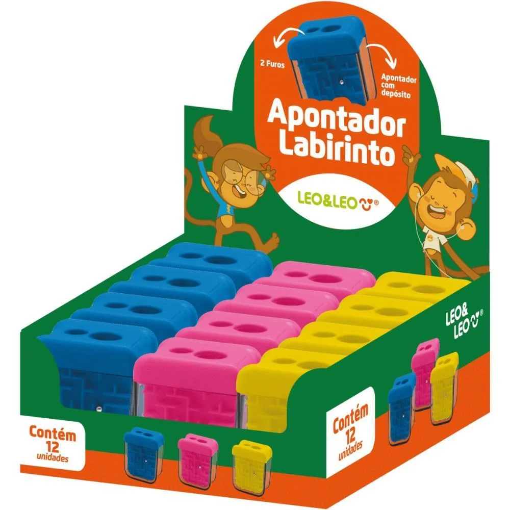Apontador Com Deposito 2 Furos Labirinto Big/Padrao 3Cores Leonora (Dp.c/12) - imagem 2