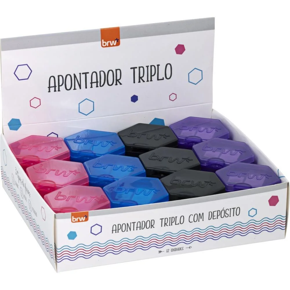 Apontador Com Deposito Triplo 3 Furos Plastico Cores Brw (Dp.c/12) - imagem 6