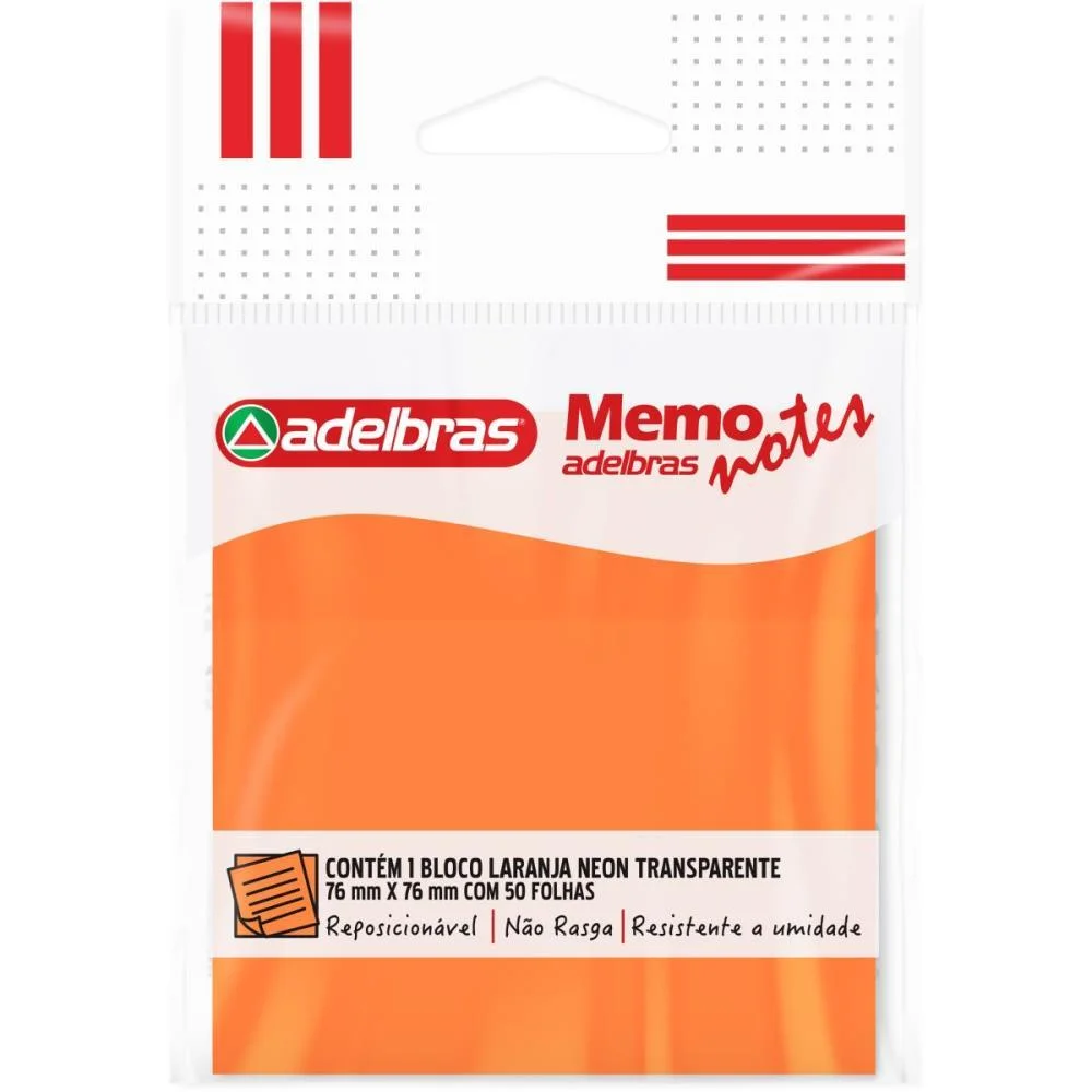 Bloco De Recado Autoadesivo Memonote Transp 76X76 Laranja Adelbras (Unidade) - imagem 2