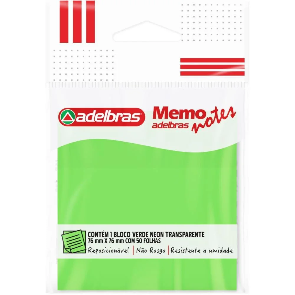 Bloco De Recado Autoadesivo Memonote Transp 76X76 Verde Ne Adelbras (Unidade) - imagem 2