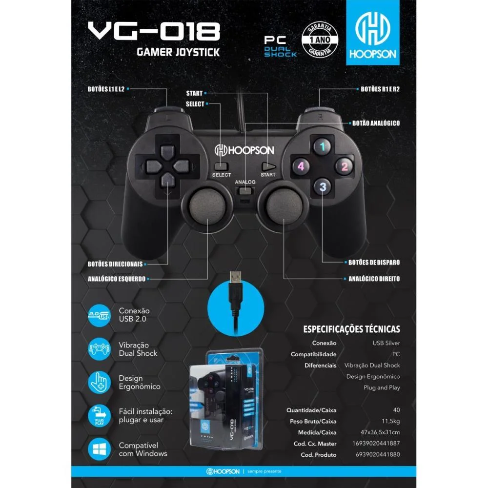 Controle Para Jogo Pc Dual Shock Usb 2.0 Preto Mercoriental (Unidade) - imagem 4
