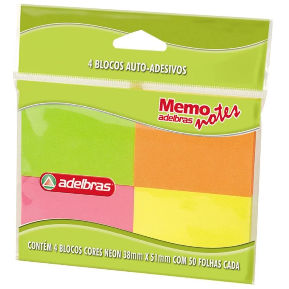 Bloco De Recado Autoadesivo Memonote Neon 38X51 50Fls. Adelbras (Pct.c/04) - imagem 2