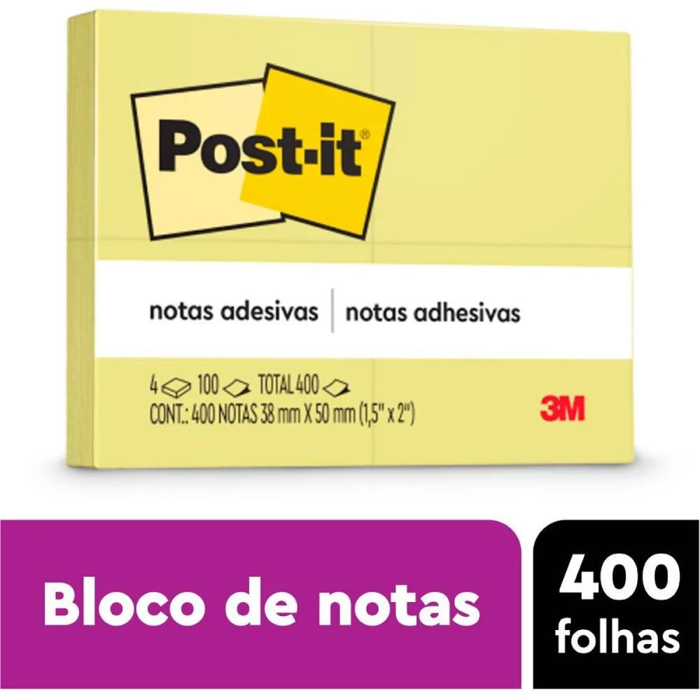 Bloco De Recado Post-It 653 Amarelo 38X50Mm C/100Fls 3M (Pct.c/04) - imagem 6