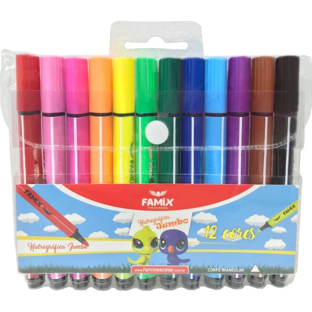 Caneta Hidrografica Jumbo Triangular 12 Cores Famix (Estojo) - imagem 2