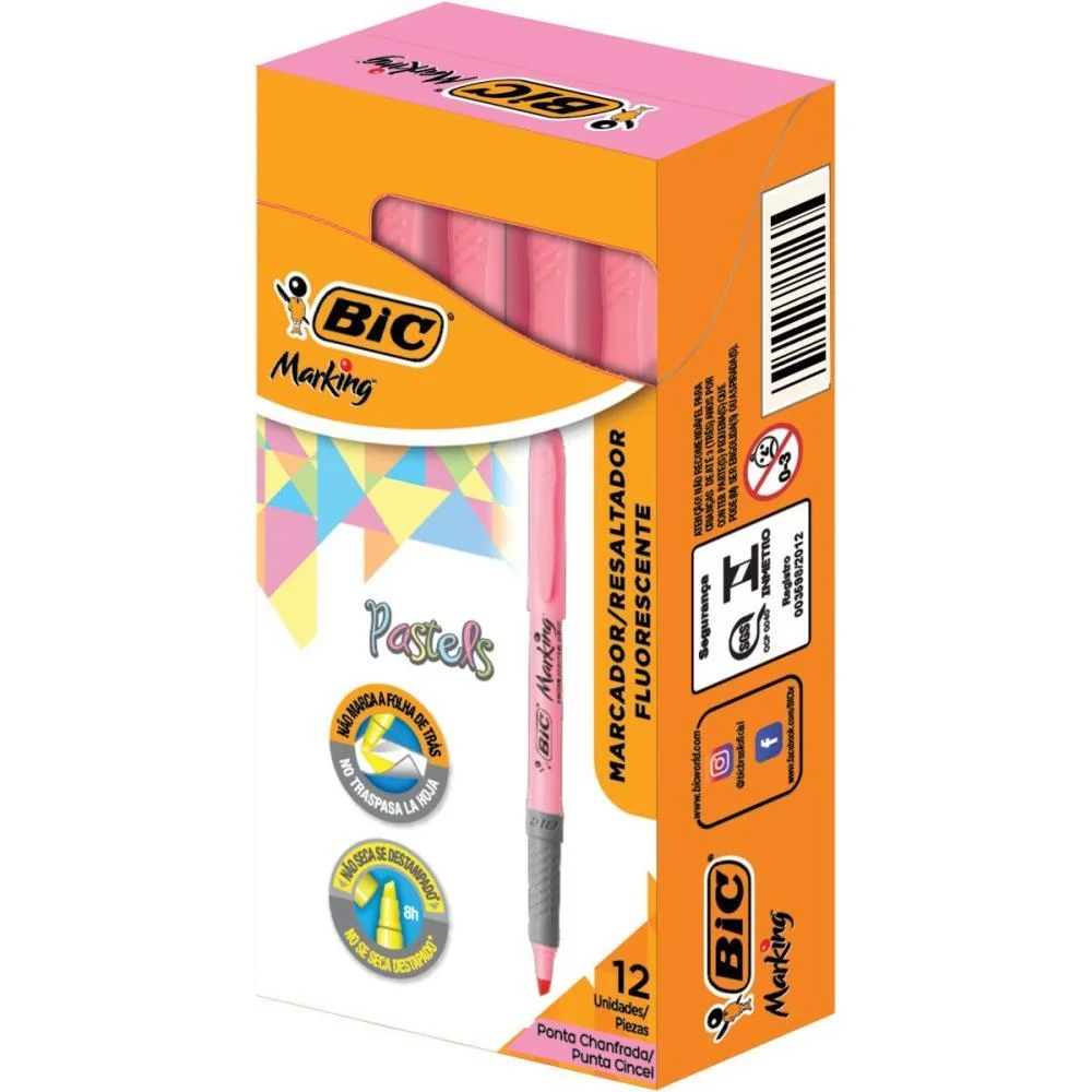 Caneta Marca Texto Marking Rosa Pastel Bic (Cx.c/12) - imagem 2