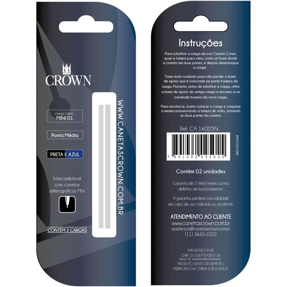 Carga Caneta Esferografica D1 Mini Bl.c/02 Azul/Preto Crown (Blister) - imagem 3